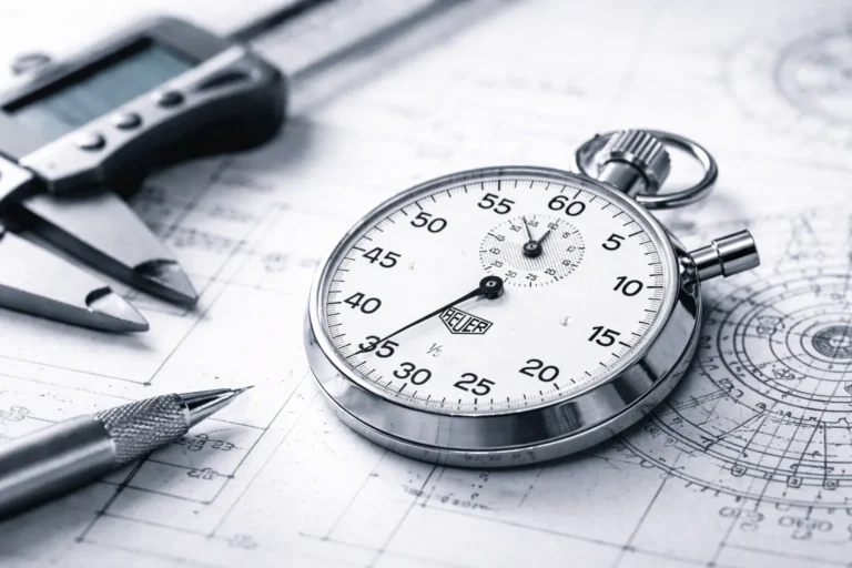 Optimizare viteză site ilustrată printr-un stopwatch pe planșă tehnică, simbol al măsurării și optimizării performanței reale
