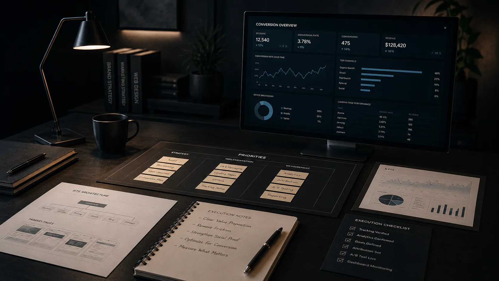 Workspace premium cu dashboard de conversii, priorități și checklist pentru sisteme digitale care performează
