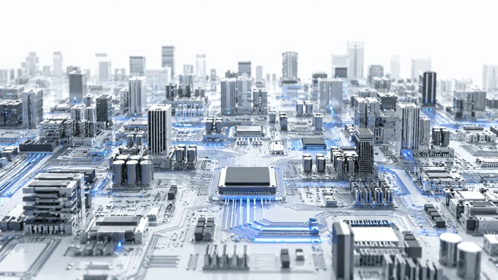 Oraș tehnologic construit pe placă de bază, simbol pentru soluții digitale AXIV Tech