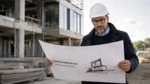Arhitect pe șantier analizând o schiță tehnică mare, ca exemplu de expertiză explicată clar pentru firme specializate