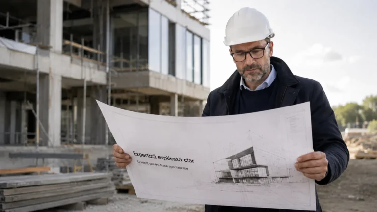 Arhitect pe șantier analizând o schiță tehnică mare, ca exemplu de expertiză explicată clar pentru firme specializate