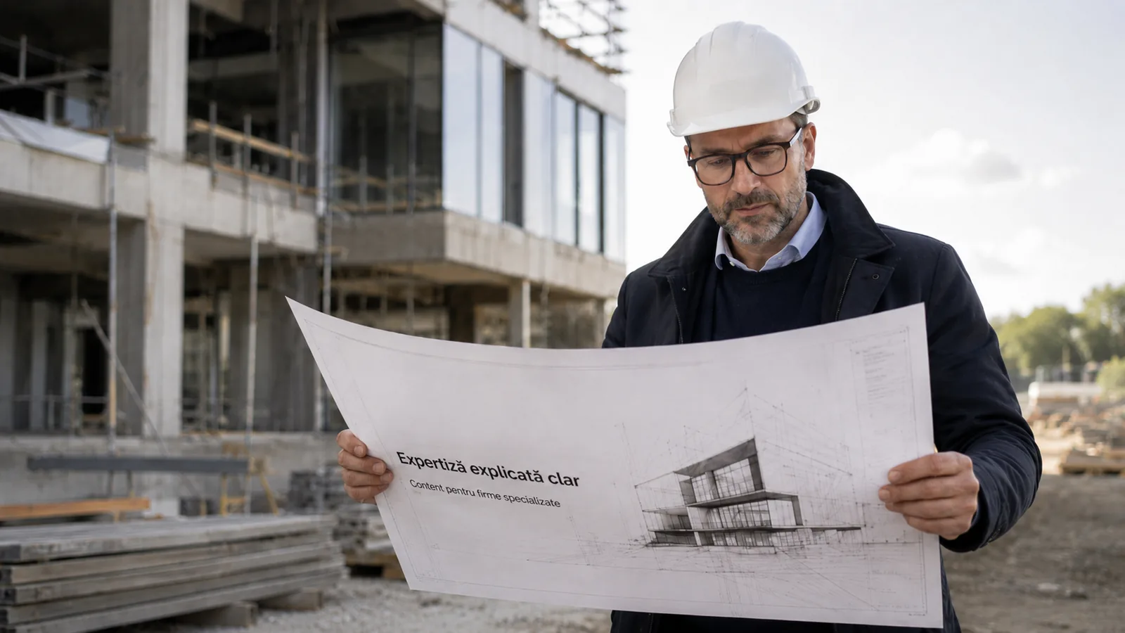 Arhitect pe șantier analizând o schiță tehnică mare, ca exemplu de expertiză explicată clar pentru firme specializate