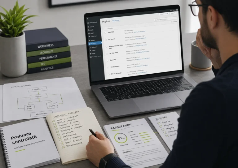 Preluare WordPress analizată pe laptop cu checklist de accesuri, backup, pluginuri, staging, formulare și tracking