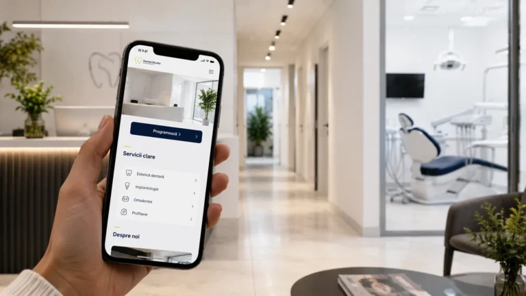 Website clinică stomatologică afișat pe telefon într-o clinică modernă, cu buton de programare și servicii clare pentru pacienți