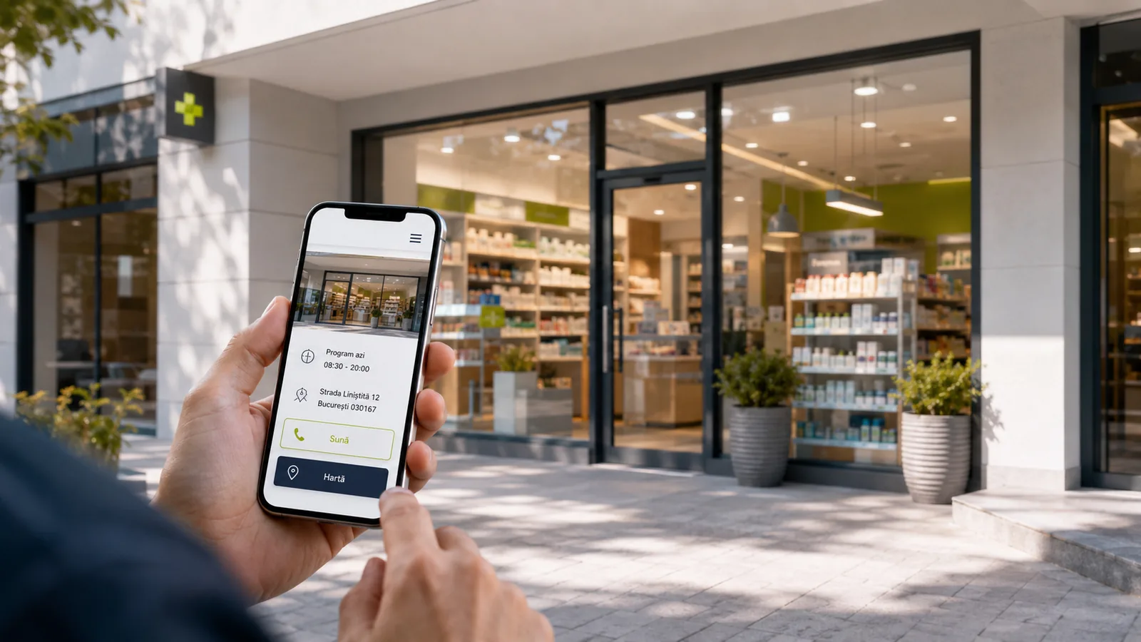 Website pentru farmacie independentă afișat pe telefon în fața unei farmacii locale, cu program, adresă, apelare și hartă