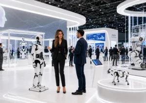 Vizibilitate internațională tech într-un spațiu expozițional premium, cu AIVA reprezentând AXIV într-un ecosistem internațional de tehnologie, robotică și networking.