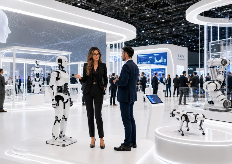 Vizibilitate internațională tech într-un spațiu expozițional premium, cu AIVA reprezentând AXIV într-un ecosistem internațional de tehnologie, robotică și networking.