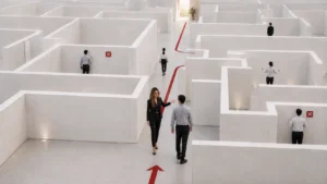 AIVA ghidează un client printr-un labirint alb premium, pe un traseu roșu clar, reprezentând site-ul ca infrastructură de decizie.