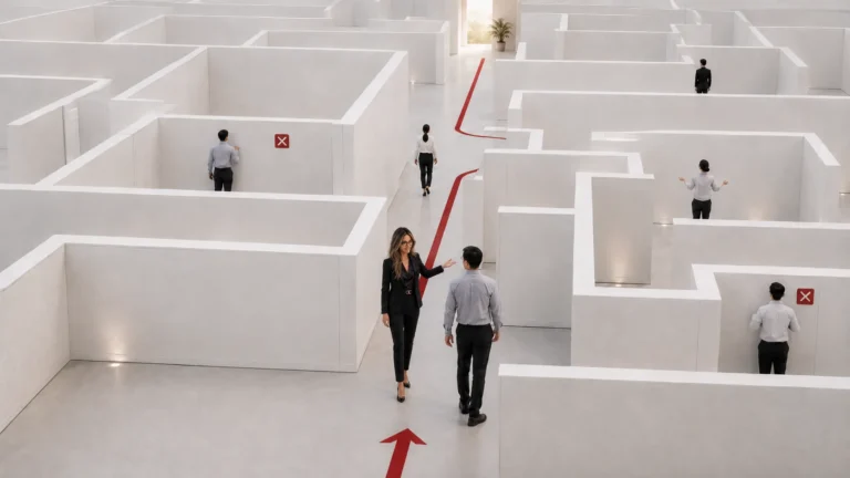 AIVA ghidează un client printr-un labirint alb premium, pe un traseu roșu clar, reprezentând site-ul ca infrastructură de decizie.