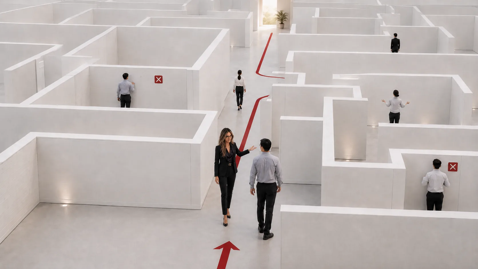 AIVA ghidează un client printr-un labirint alb premium, pe un traseu roșu clar, reprezentând site-ul ca infrastructură de decizie.